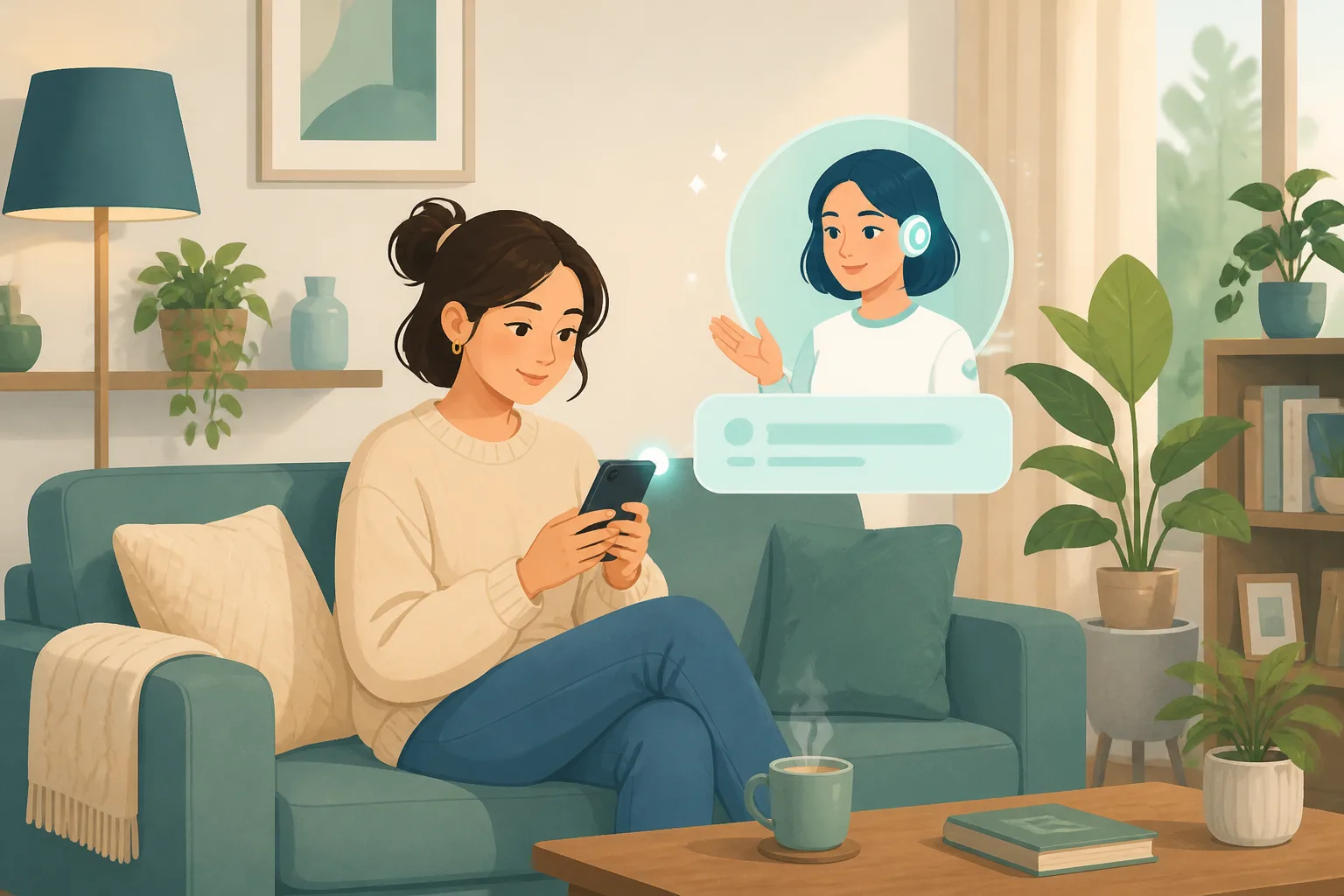 手機畫面中的 AI 助理像聯絡人一樣主動傳來訊息，使用者在客廳放鬆地查看
