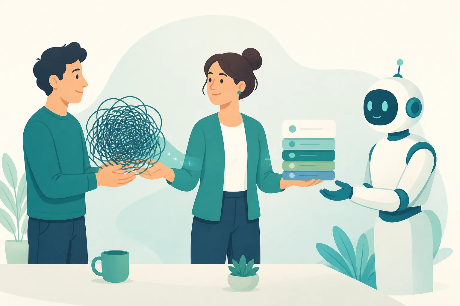 設計師站在人與 AI 機器人之間，把一團模糊的想法整理成清楚的任務清單
