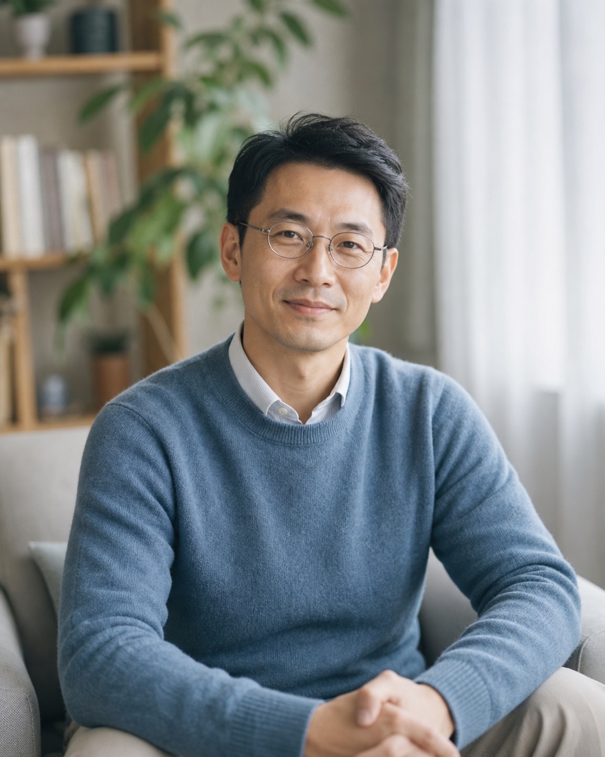 臨床心理師許安和坐在明亮的諮商室裡，戴細框眼鏡、穿針織毛衣，溫和地看向鏡頭