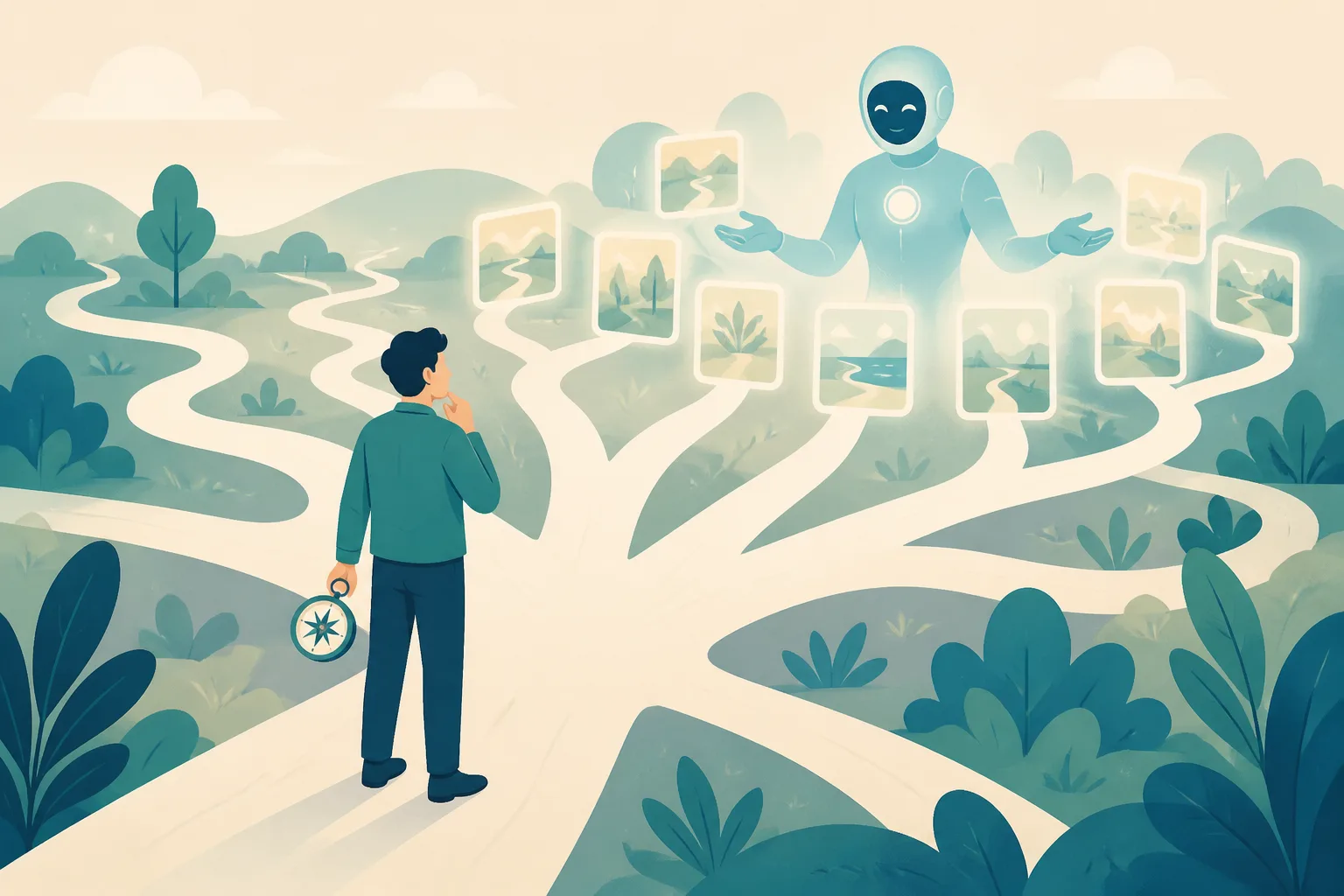 AI 時代設計師站在許多分岔小路前，手持指南針挑選方向，AI 在一旁展開各種可能
