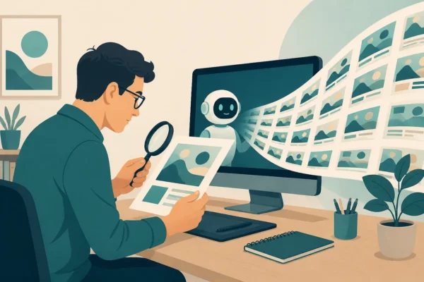 AI 時代設計師拿放大鏡細看一張設計稿，螢幕上的 AI 正快速生成大量版面草稿