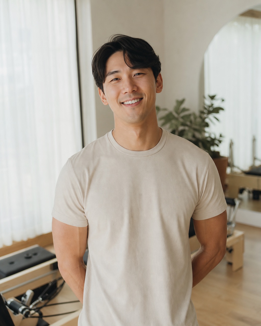 皮拉提斯老師 Kai 穿著燕麥色上衣，站在教室裡友善地微笑