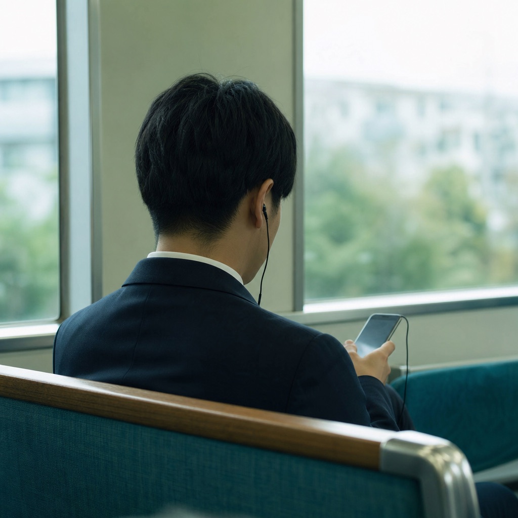 通勤列車上的上班族背影，低頭用手機學習