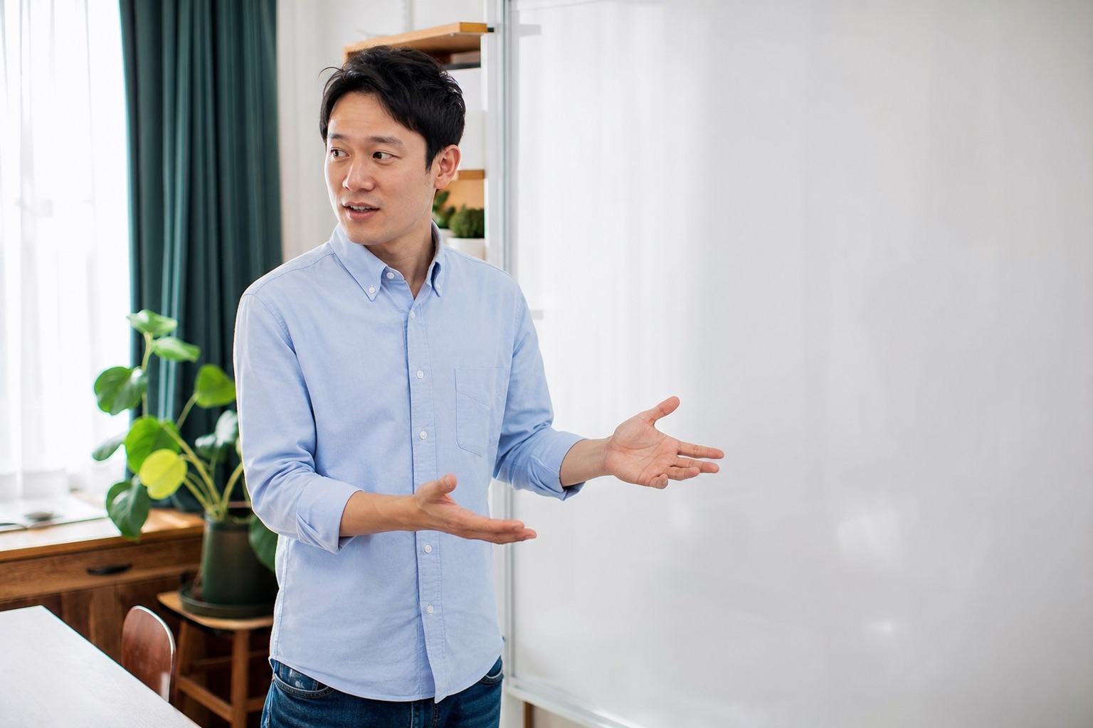 講師在乾淨的白板前張開雙手講解